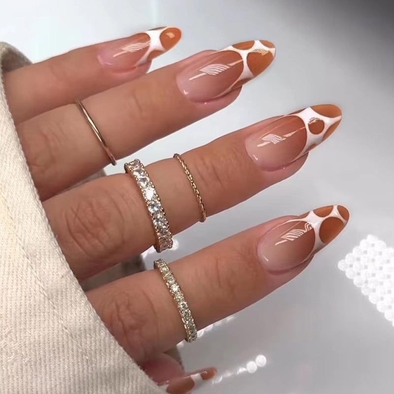 YICKYUE  -  Sexy Leopard Print Glossy Red Brown Halo Dyeing Star Almond Shape Fake Nail Tip INS Detachable False Art Nail Press on Nail Glue