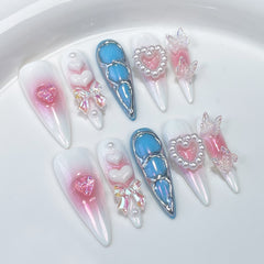 YICKYUE  -  10pcs Aurora Gradient Pink Stiletto Almond Press On Nails Blue Long Fake Nails with 3D Heart Butterfly Sweet Cool Nail Tips Art
