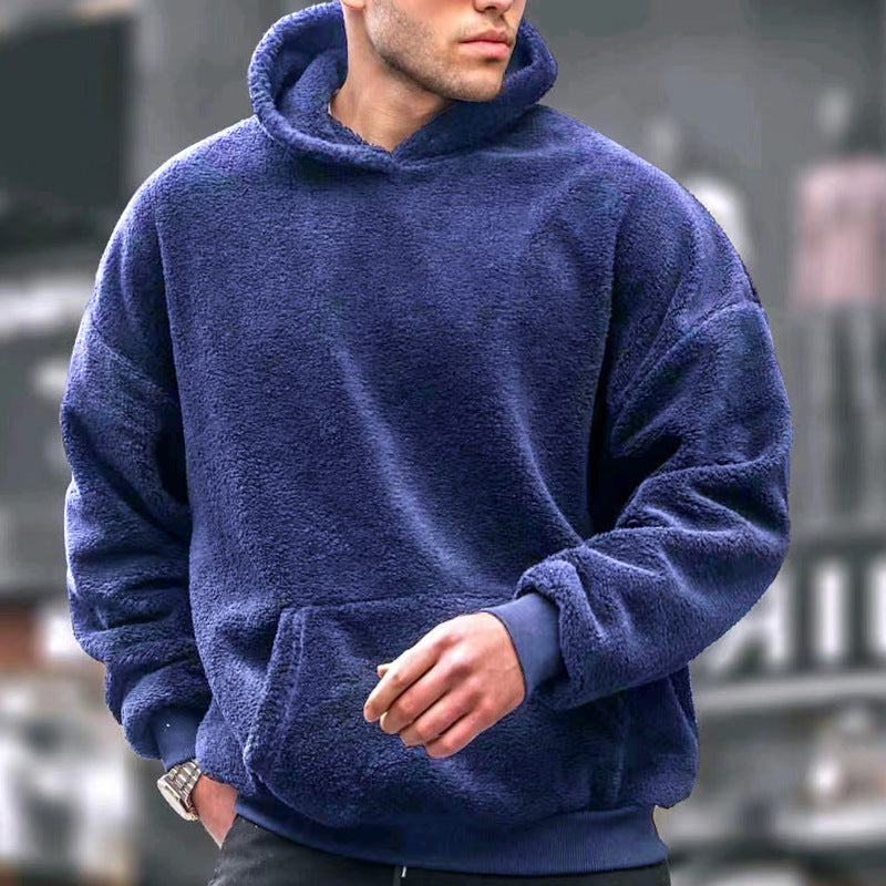 Hearujoy Flannel Hoodie Men Winter Lamb Fur Solid Color Hooded Pullover INS Style Fashion Loose Warm Tops Sweatshirt Youth Streetwear