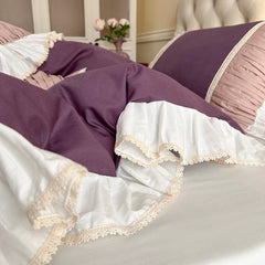 Yickyue Luxury Purple Patchwork Pleat Bedding Set Korean Style 100% Cotton Princess Lace Duvet Cover Bedsheet Bed Skirt Pillowcases