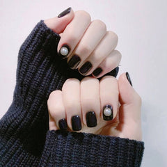 24pcs Black Round Head False Nails Artificial Plastic Press On Fake Nails Pearl Decoration Design Nail Extension Sexy Manicure