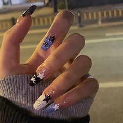 Yickyue  Shiny Rhinestone White Stars French Nail Art Fashion Simple False Nails Detachable Finished Fake Nails Press on Nails with Glue