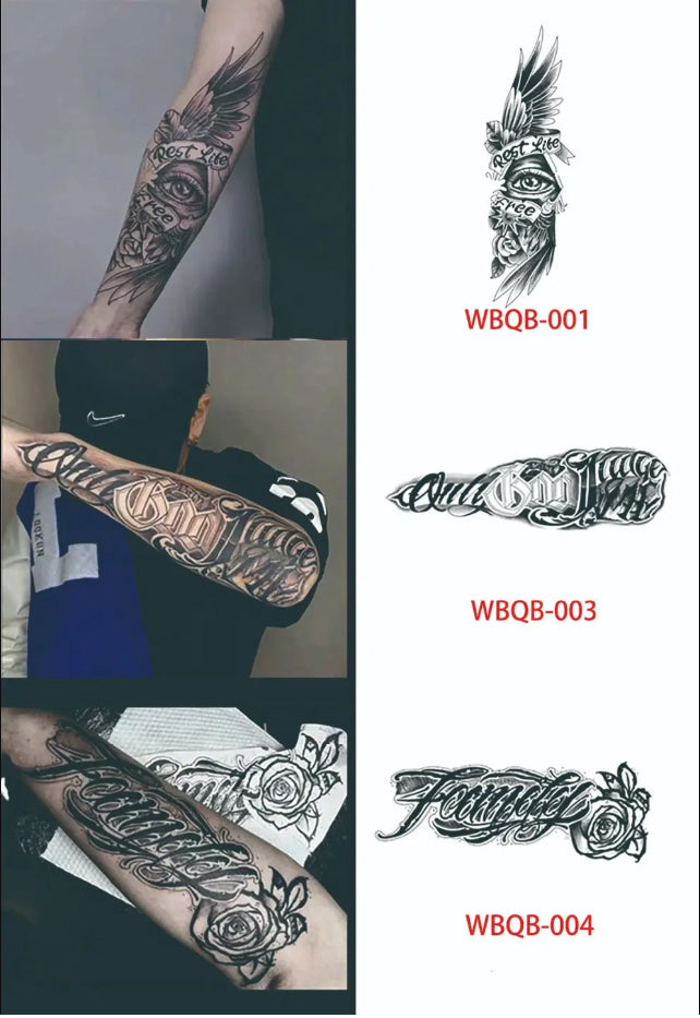 YICKYUE  -  4 Sheets Fake Tattoo Sleeve Arm Body Art Long Lasting 15 Days Herbal Juice Ink Temporary Tattoo Sticker Text Wings Totem Men