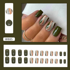 YICKYUE  -  Luxury Dark Green Gold Foil Glitter Powder Ripple Full False Art Nail Fake Nail Tip Press on Glue Manicure Fashion Woman Summer