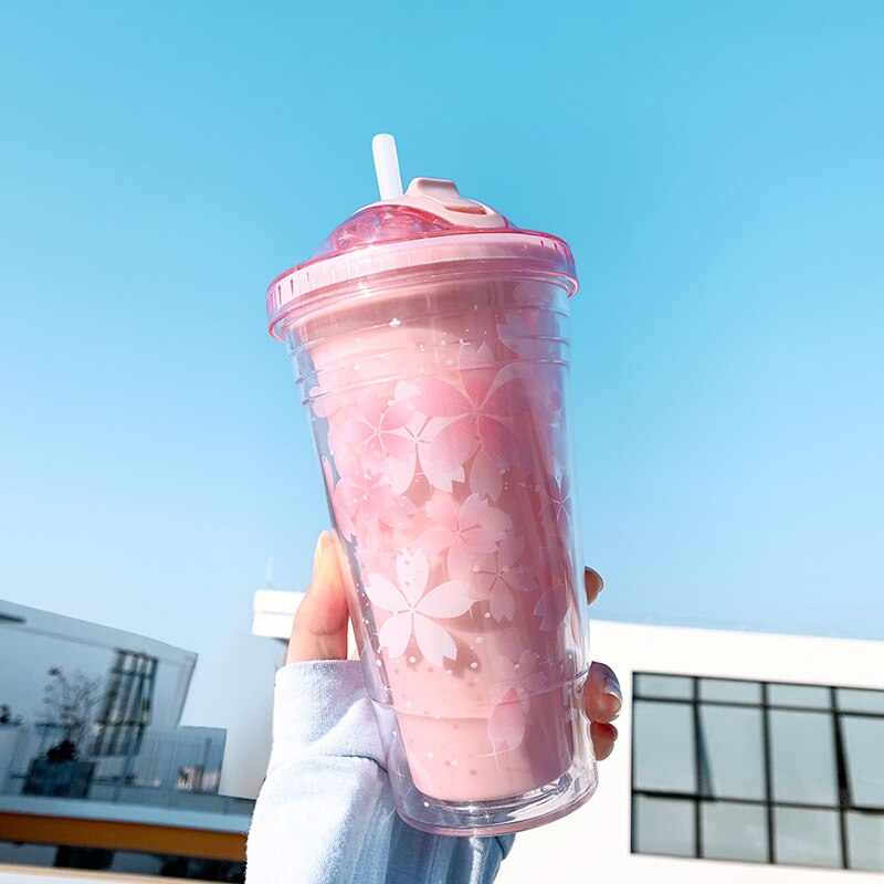Kawaii Purple Pink Cherry Blossom Folding Straw Plastic Water Cup Cute Girl Student Portable Sealed Large Capacity Double Layer