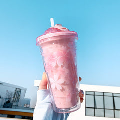 Kawaii Purple Pink Cherry Blossom Folding Straw Plastic Water Cup Cute Girl Student Portable Sealed Large Capacity Double Layer