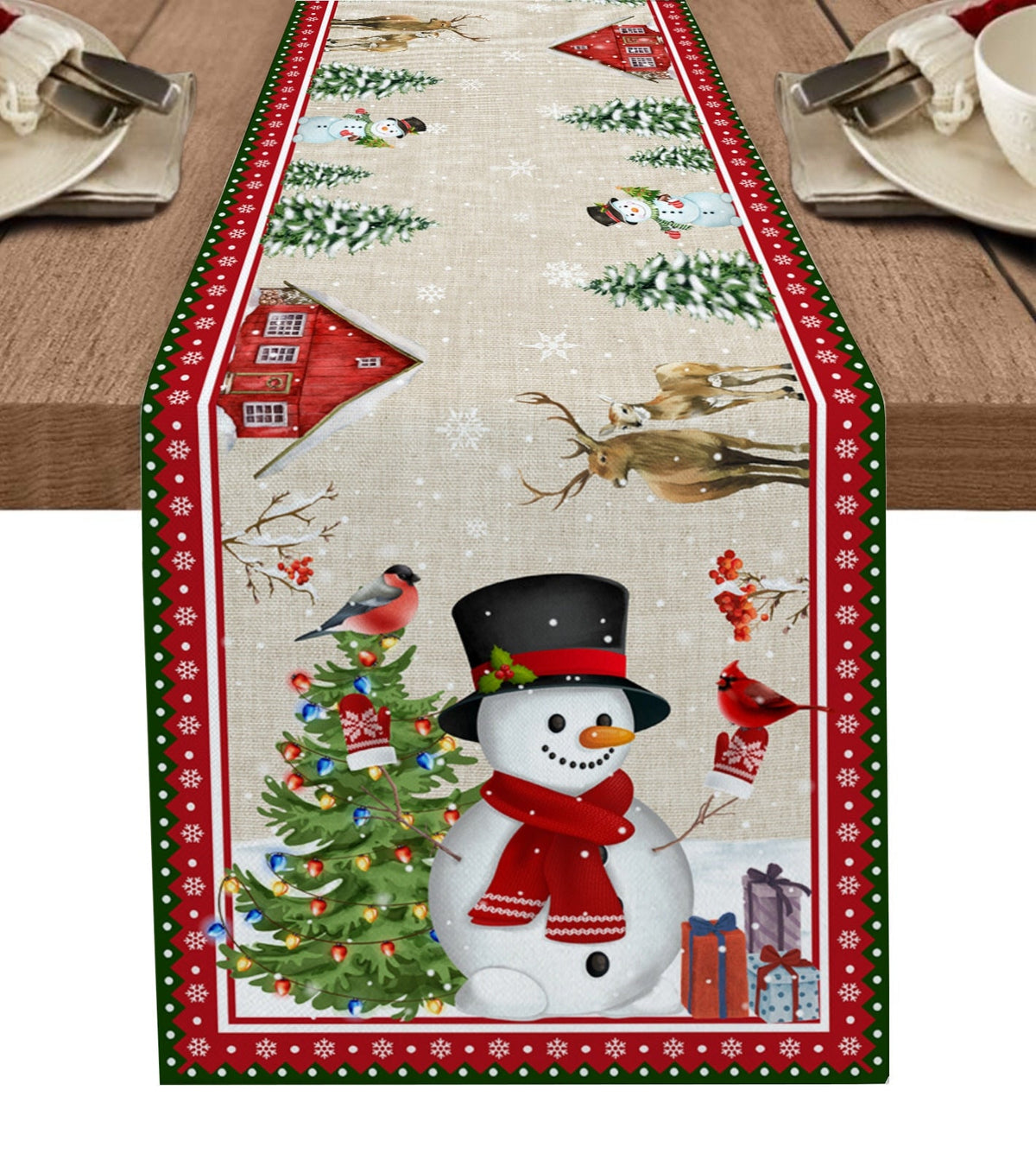 Yickyue Christmas Decoration Snowman Snowflake Dining Table Runner Washable Table Runner for Dining Table Wedding Country Decor