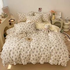 YICKYUE  -  3/4Pcs Vintage French Fresh Floral Lace Ruffles 100% Cotton Bedding Set Duvet Cover Bed Skirt/Bed Sheet/Fitted Sheet Pillowcases