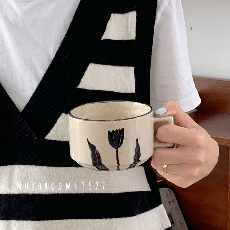 Mushrooms 9527 Japanese Retro Hand-painted Black Flower Ceramic Mug Square Handle Coffee Mug Breakfast Milk Cup Tableware