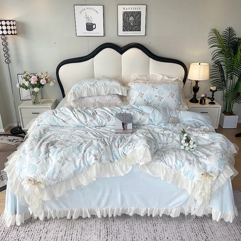 YICKYUE  -  Vintage French Romantic Lace Ruffles Carved Velvet Winter Bedding Set Single Queen King Size Duvet Cover Bed Sheet Pillowcases