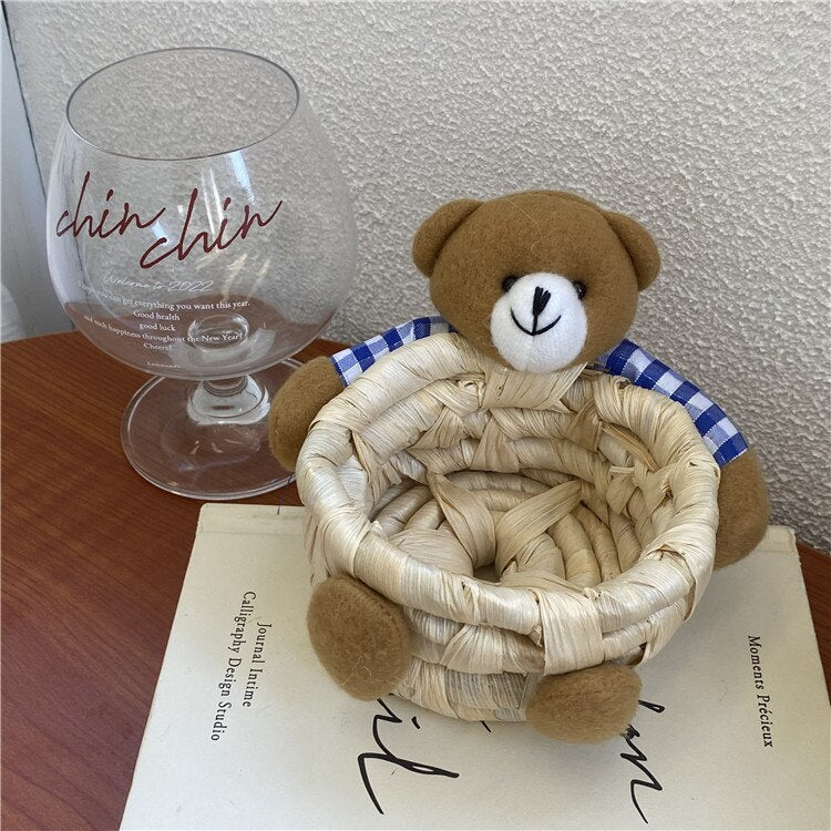 Joylove Korean Ins Wind Cute Cartoon Bear Storage Basket Desktop Office Straw Sundries Storage Basket