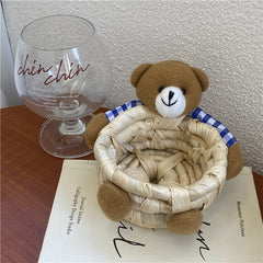 Joylove Korean Ins Wind Cute Cartoon Bear Storage Basket Desktop Office Straw Sundries Storage Basket