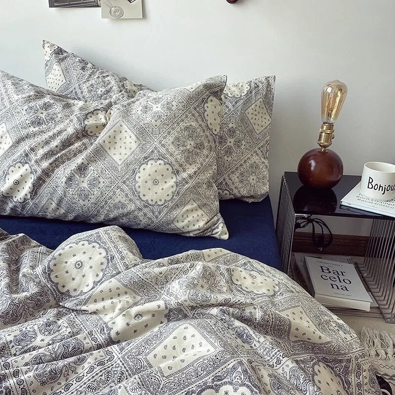 Yickyue NEW 100%Cotton Patterns Bedding Sheet Quilt Cover Pillow Cover Soft Comfortable Retro Simple Androgynous Style Dark Blue