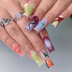 YICKYUE  -  24PCS Long Ballet y2k Nail with 3D Water Stripe Decor Coffin Reusable Adhesive False Nails Wearable Colorful Fake Nails Press On
