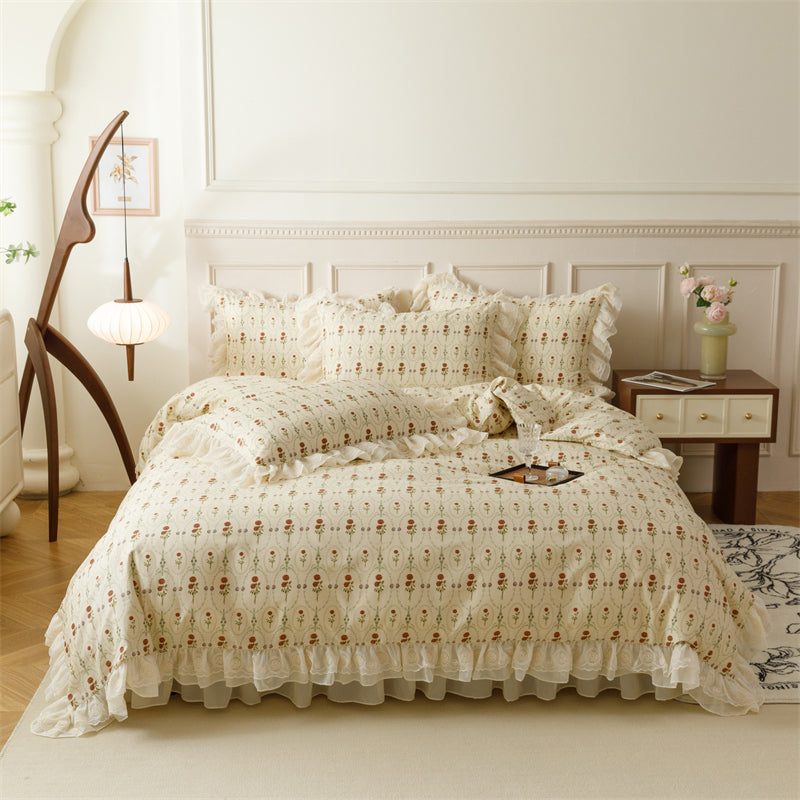 YICKYUE  -  Pure Cotton Vintage French Pastoral Country Flowers Print Double layer Lace Ruffles Bedding Set Duvet Cover Bed Skirt Pillowcase