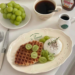 YICKYUE  -  Creative 8 Inch Retro French Simple Letter Beige Oval Ceramic Western Food Fruit Plate Cake Breakfast Plate  Plate Sets