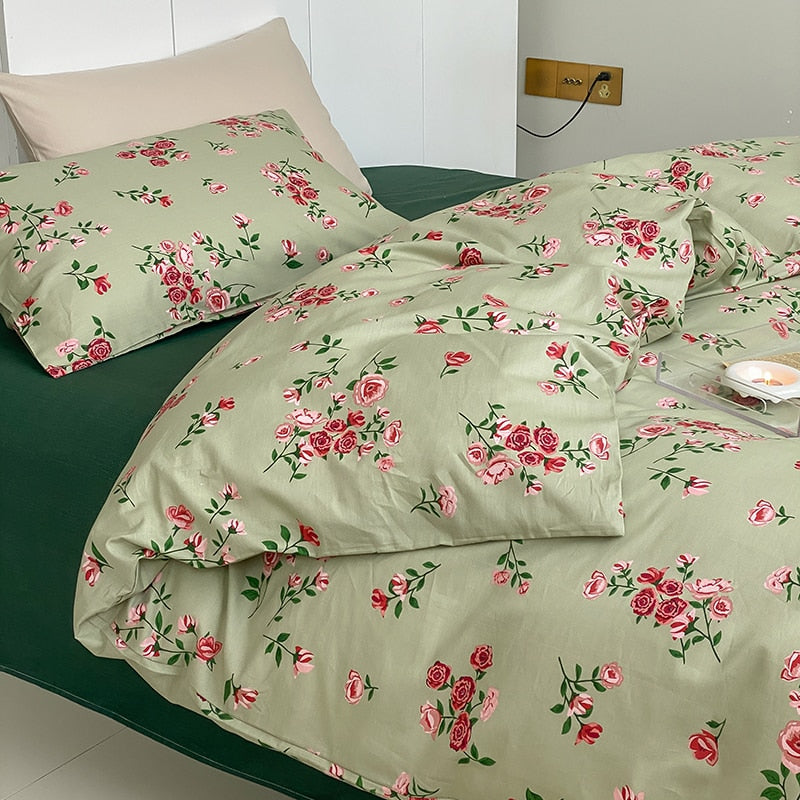 100% Cotton Vintage Floral Bedding Set Girls Quilt Cover Flowers Pattern Duvet Cover Set Bed Sheet Set Fitted Sheet Pillowcases