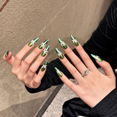 YICKYUE  -  10Pcs Handmade Shiny Green Mirror Y2K Press on Nails Long Stiletto False Nails Fake Nails Glitter Snake Designs Almond Nails