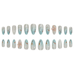 YICKYUE  -  24pcs 3D Carved Petal Decor False Nails Gradient Blue Almond Fake Nails Tips Wearable Detachable Spice Girl Press on Nails