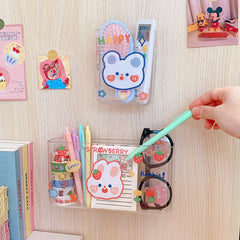 Kawaii Transparent Desktop Storage Box Organizer Cosmetics Student Punch Free Pen Holder Bathroom Organizer Wall Hanging Shelf