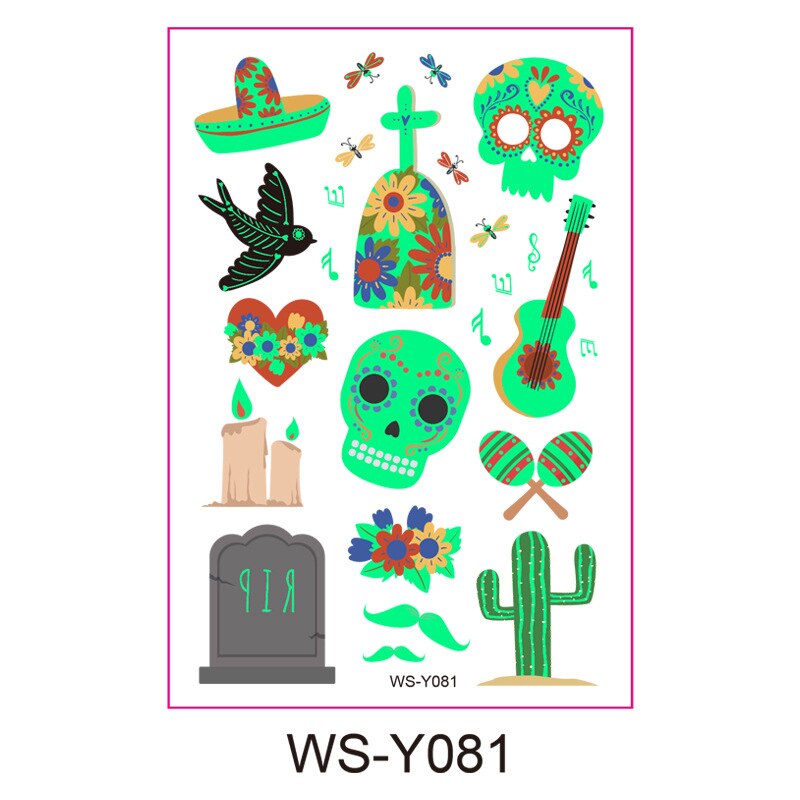 Day Of The Dead Luminous Tattoo Sticker Guitar Skull Sticker On Face Arm Leg Children Body Art Waterproof Temporary Tattoo