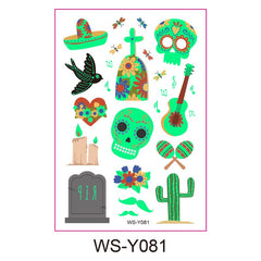 Day Of The Dead Luminous Tattoo Sticker Guitar Skull Sticker On Face Arm Leg Children Body Art Waterproof Temporary Tattoo
