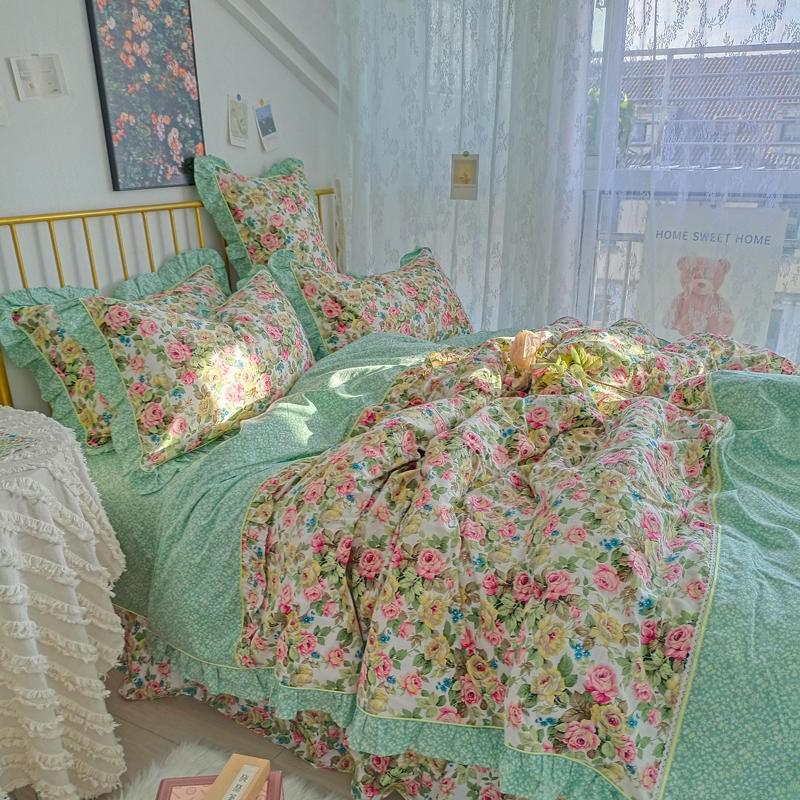 4/6Pcs100%Cotton Bedding Set Vintage Elegant Flowers Duvet cover  with Ruffle soft comfy bed sheet pillowcases Double Queen King