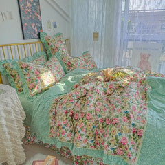 4/6Pcs100%Cotton Bedding Set Vintage Elegant Flowers Duvet cover  with Ruffle soft comfy bed sheet pillowcases Double Queen King