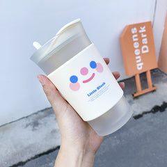 Korean Simple Frosted Coffee Cup with Spoon Lovely Glass Portable Drinking Cup for Boys and Girls