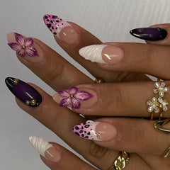 YICKYUE   -  24pcs 3D Purple Devil's Flower Design False Nails Ins Handmade Almond Shaped Fake Nail Tips Wearable French Press on Nails