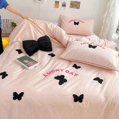 Yickyue Korean Girls' Bed Set Ins Butterfly Embroidered Duvet Cover Washed Cotton Quilt Cover Bed Sheets Solid Color Bed Linens Bedroom