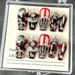 Halloween Nail Skull Rhinestone Press On Nails Y2K Handmade Long Stiletto False Nail Tips Coffin Almond Fake Nail With Glue Gift
