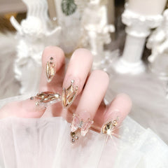 Korean Fake Nails 24Pcs Glossy Press On Nails 2022 3D Butterfly Glitter Diamond Design for Bride Wedding Free Shipping Items