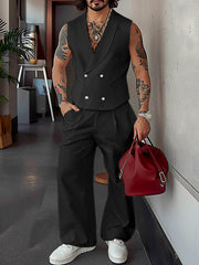 HEARUJOY  -  Men Casual Solid Color Shawl Collar Double Breasted Vest with Buttoned Waist Front Zipper Straight Leg Pants Baggy Thin Formal Work Pants Blazer Suit - Polyester, Non-Stretch, Summer, Regular Fit, Woven, 130g/m²
