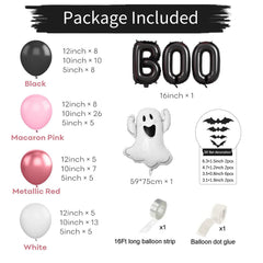 YICKYUE  -  Pink Halloween Balloon Arch Kit Black White Red Ghost Boo Foil Balloons 3D Bat Sticker for Halloween Theme Party Decoration