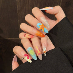 YICKYUE  -  10pcs Handmade Designer's New 3D Starfish Fake Nail Gloss Relief Press on Nails French Long Fake Nail Wearable Press On Nail