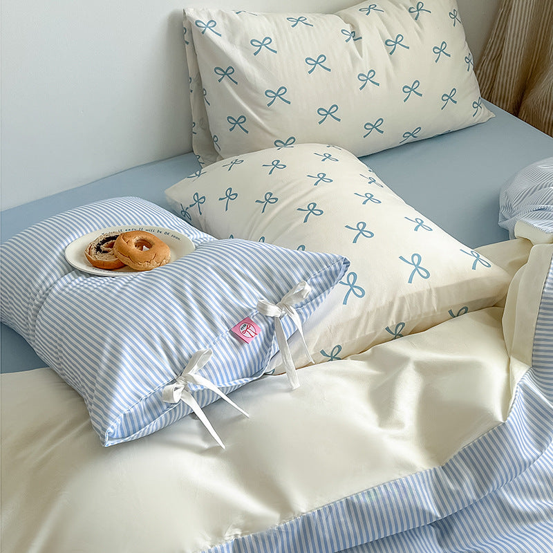 YICKYUE  -  Korean Style Bow Cotton Four-piece Set Striped Simple Cotton Quilt Cover Bed Sheet Dormitory Bed Four-piece Set