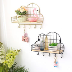 Nodic Creative Cloud Wall Hanger Wrought Iron Wall Mounted Home Decoration Bathroom Bedroom Wooden Storage Shelf Handbag Holder