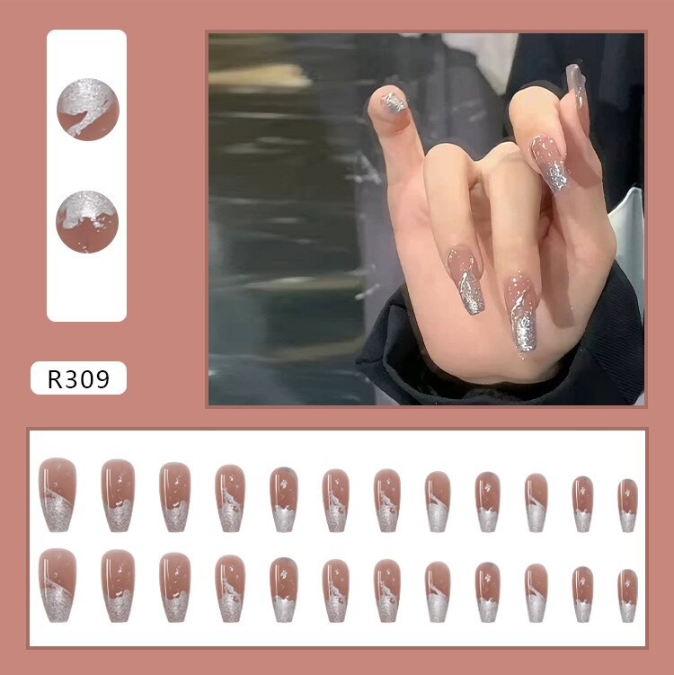 Silver Flash Lovely Girl Nail Art Wearable Press On Fake Nails Tips 24pcs/box With Wearing Tools As Gift
