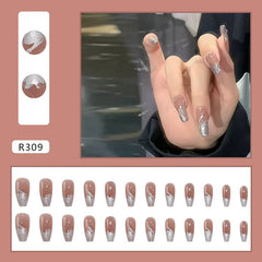 Silver Flash Lovely Girl Nail Art Wearable Press On Fake Nails Tips 24pcs/box With Wearing Tools As Gift