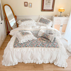 Yickyue Luxury Flowers Print Bedding Sets Korean Style White Princess Lace Ruffles Bedroom Duvet Cover Bed Skirt Linen Pillowcases