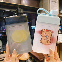450ml Cute Bear Flat Water Bottle Plastic Sports Bicycle Drinking Juice Reusable Portable Gym Bottles BPA Free Creative Cup Gift