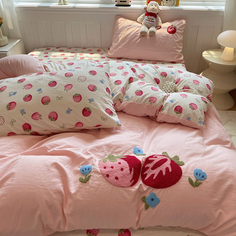 YICKYUE  -  Girl Cartoon Bedding Set Apple Dog Towel Embroidered Water Washed Cotton Four Piece Sets Beds Sheet Student Dormitory Home Decor