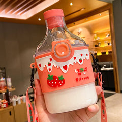 350ml Kawaii Strawberry Milk Cow Pattern Water Bottle For Children Adults BPA Free Plastic Drink Bottle Gourd With Straw Strap