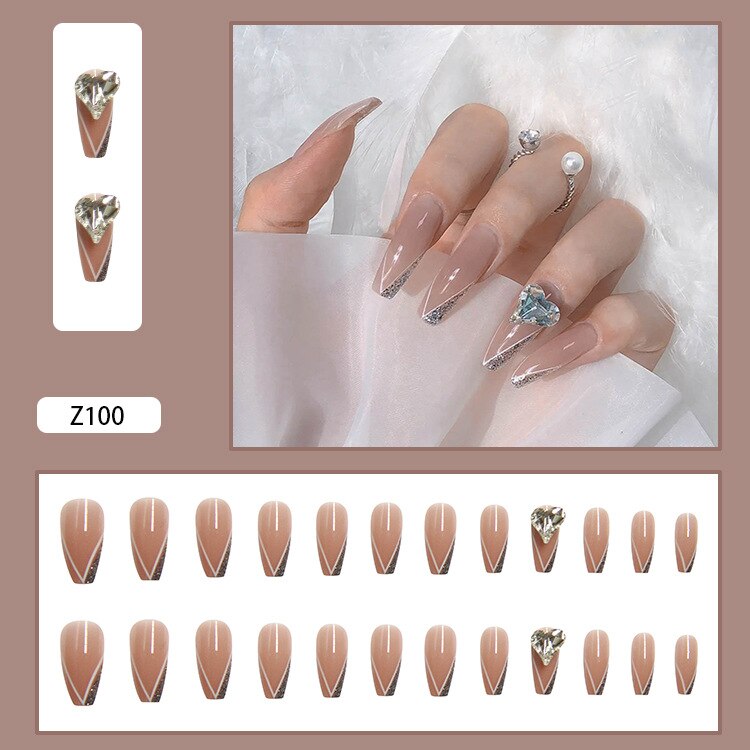 24Pcs Detachable Rhinestone Love Heart Ballerina False Nails Wearable Long Coffin Fake Nails Full Cover Nail Tips With Glue