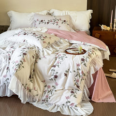 YICKYUE  -  Lace Ruffles Princess Pure Cotton Bedding Set Floral Quilt Cover Girls Wedding Home Textiles Duver Cover Bed Sheet Pillowcases