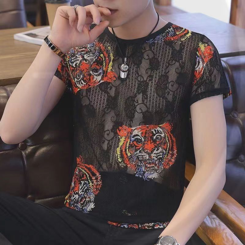 Hearujoy Summer New Men Ice Silk Pattern Print Tshirts Short sleeve Ultra-thin Tee Tops Fashion Sexy Hollow Out Elastic Slim Fit T-shirts
