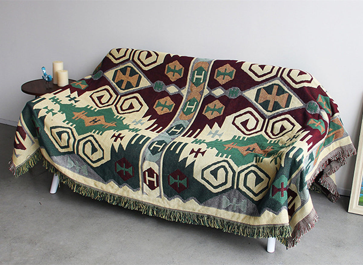 YICKYUE  -  Boho Green Pattern Flower Cotton Woven Thread Throw Blankets Bed Cover Carpet Camping Travel Beach Sofa Leisure Cover