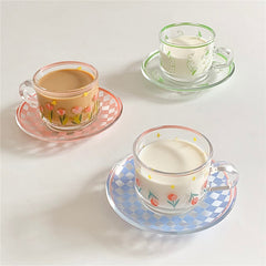 Yickyue Creative Coffee Cup Saucer Set Korean Cups Hand-Painted Plant Flower Coffee Mug Home Kitchen Drinkingware Espresso Cups