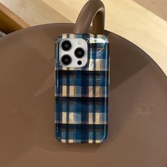 YICKYUE  -  Retro Blue Yellow Color Collision Grid Pattern Shockproof Protective Phone Cover Case for iPhone 16 15 14 13 12 Pro Max